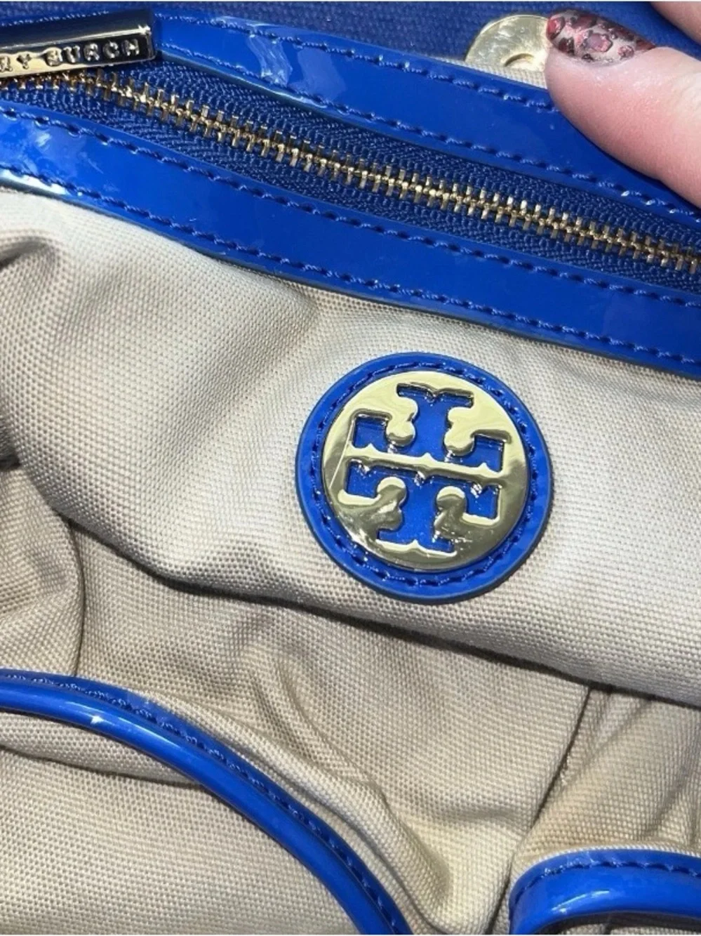 Tory Burch Ella Nylon Large 13”x12”- Blue Patent Leather Trim EUC